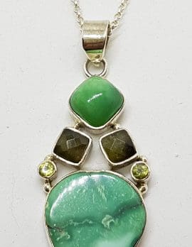 Sterling Silver Turquoise, Smokey Quartz and Peridot Pendant on Silver Chain