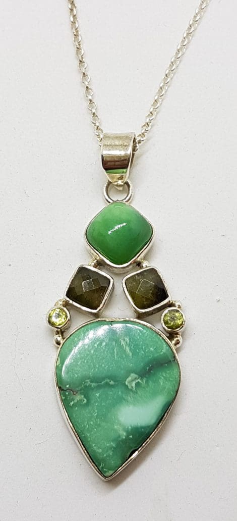 Sterling Silver Turquoise, Smokey Quartz and Peridot Pendant on Silver Chain