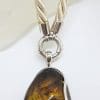 Sterling Silver Large Green Colombian Amber Pendant on Rope Twist Chain with Silver Clasp