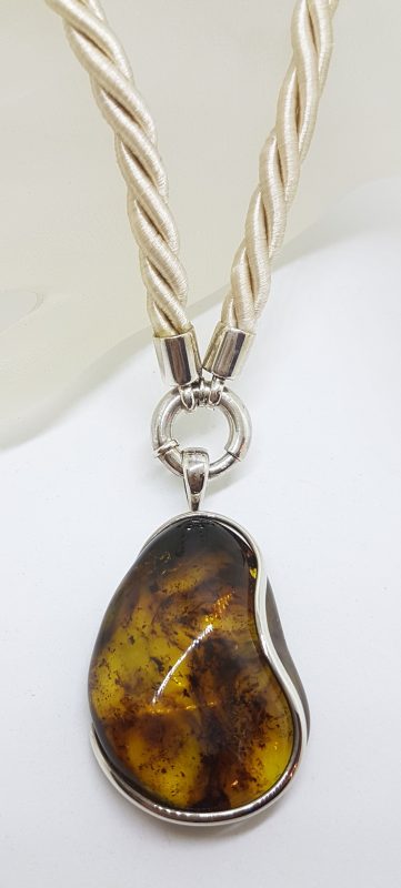 Sterling Silver Large Green Colombian Amber Pendant on Rope Twist Chain with Silver Clasp
