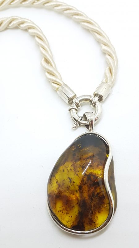 Sterling Silver Large Green Colombian Amber Pendant on Rope Twist Chain with Silver Clasp