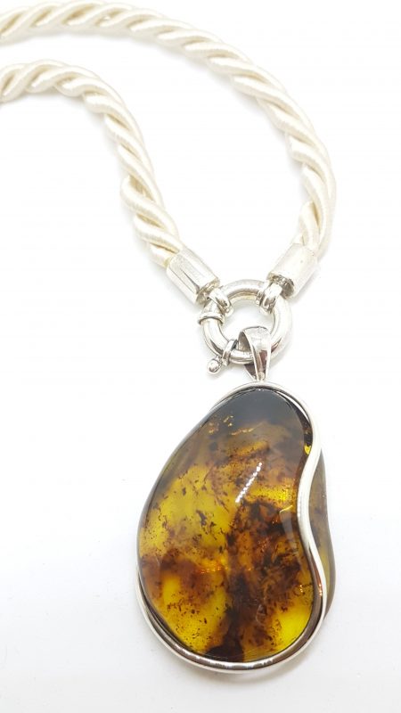 Sterling Silver Large Green Colombian Amber Pendant on Rope Twist Chain with Silver Clasp