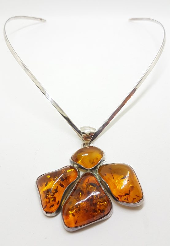 Sterling Silver Very Large Baltic Amber Cluster Pendant on Silver Choker