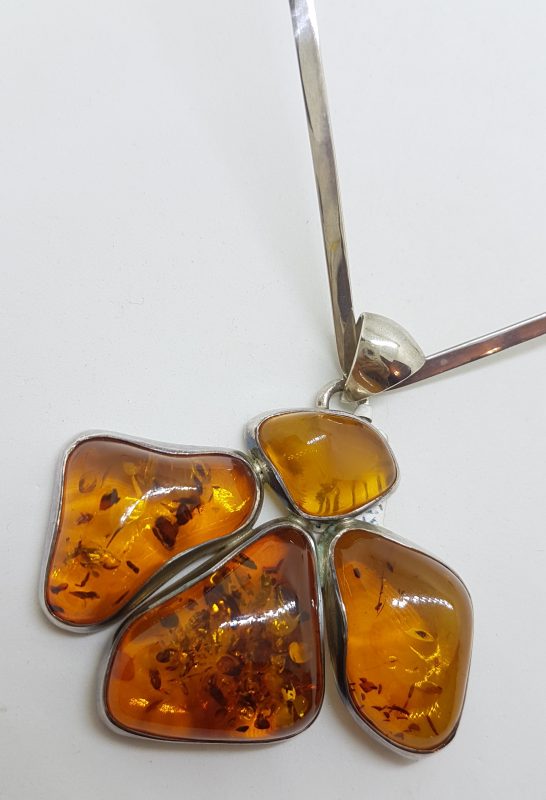 Sterling Silver Very Large Baltic Amber Cluster Pendant on Silver Choker
