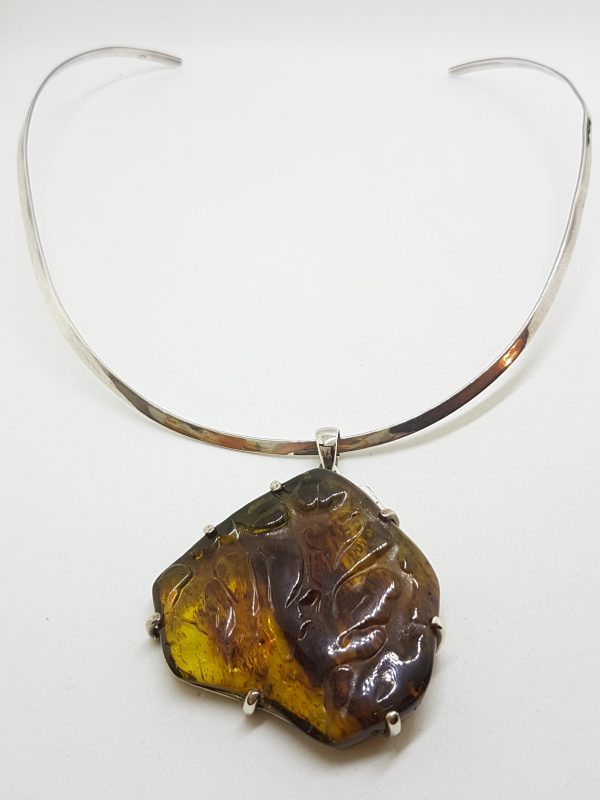 Sterling Silver Very Large Carved Green Colombian Amber Pendant on Silver Choker