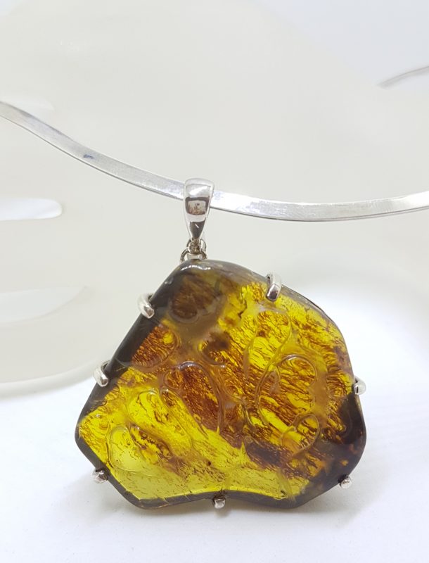 Sterling Silver Very Large Carved Green Colombian Amber Pendant on Silver Choker
