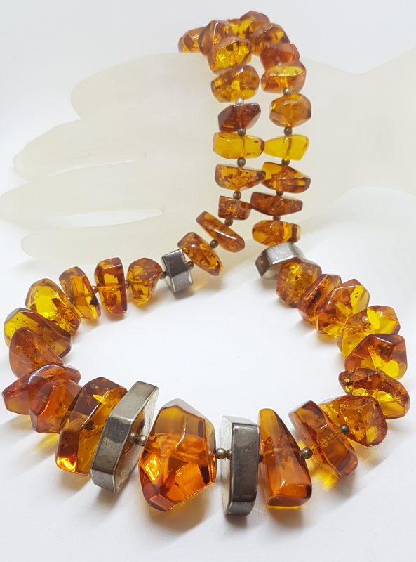 Sterling Silver & Baltic Amber Large Chunky Bead Necklace / Chain