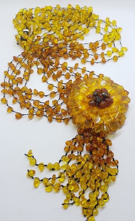 Natural Baltic Amber Large and Long Flower with Tassel Bead Necklace / Chain