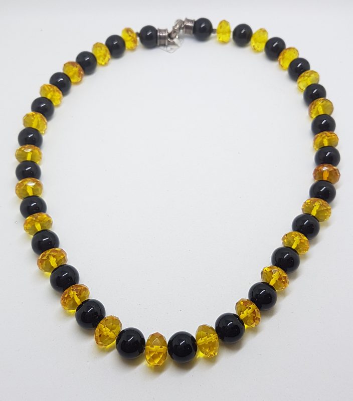 Natural Faceted Baltic Amber & Onyx Bead Necklace / Chain