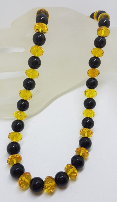 Natural Faceted Baltic Amber & Onyx Bead Necklace / Chain