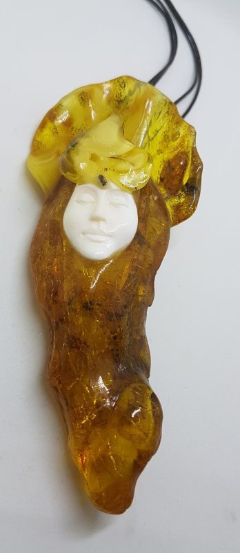 Natural Baltic Amber Carved Face Large Necklace / Chain