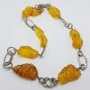 Sterling Silver & Baltic Amber Carved Bead Necklace / Chain