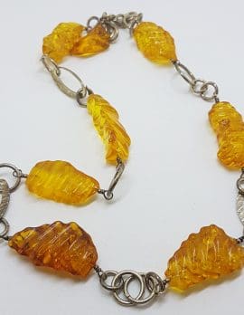 Sterling Silver & Baltic Amber Carved Bead Necklace / Chain