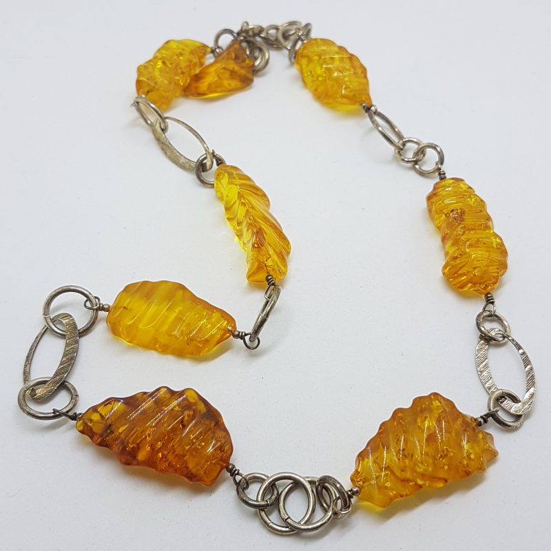 Sterling Silver & Baltic Amber Carved Bead Necklace / Chain