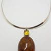 Sterling Silver Large Baltic Amber Oval & Square Pendant on Silver Choker