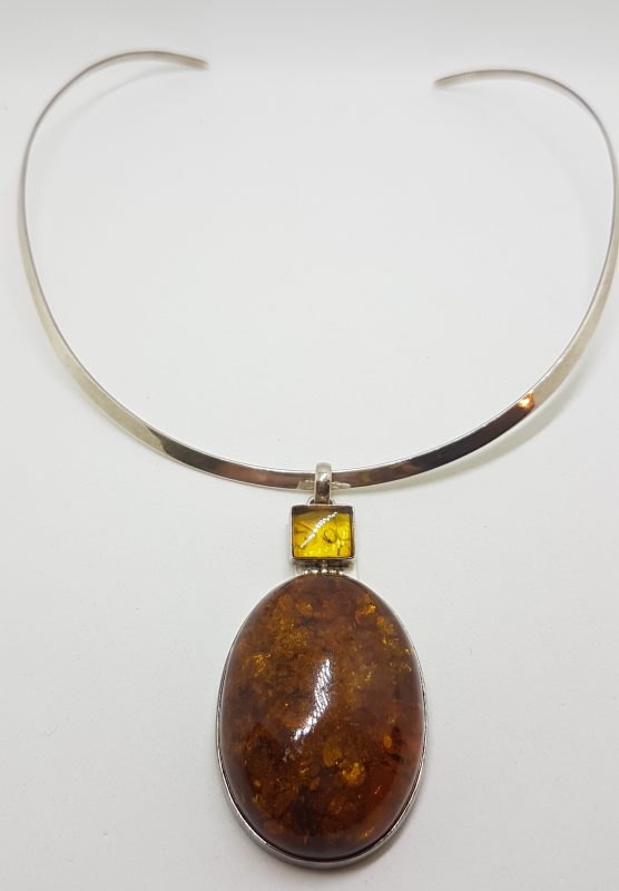 Sterling Silver Large Baltic Amber Oval & Square Pendant on Silver Choker