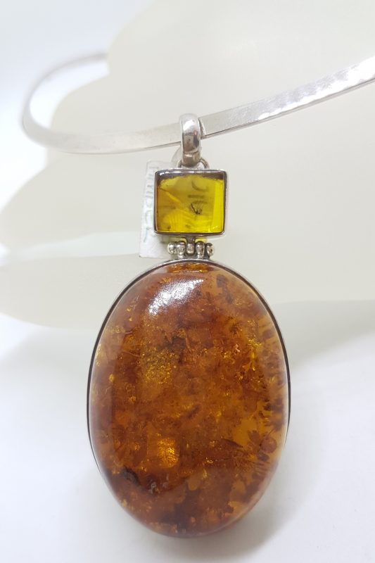 Sterling Silver Large Baltic Amber Oval & Square Pendant on Silver Choker