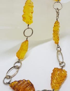 Sterling Silver & Baltic Amber Carved Bead Necklace / Chain