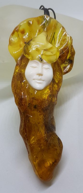Natural Baltic Amber Carved Face Large Necklace / Chain