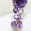 Sterling Silver Wide Chunky Amethyst, Clear Quartz and Shell Cluster Bracelet