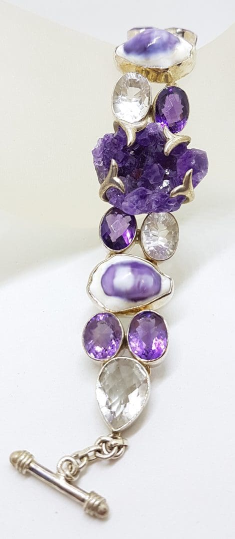 Sterling Silver Wide Chunky Amethyst, Clear Quartz and Shell Cluster Bracelet