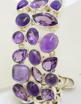 Sterling Silver Large Wide Cabochon and Faceted Amethyst Bracelet