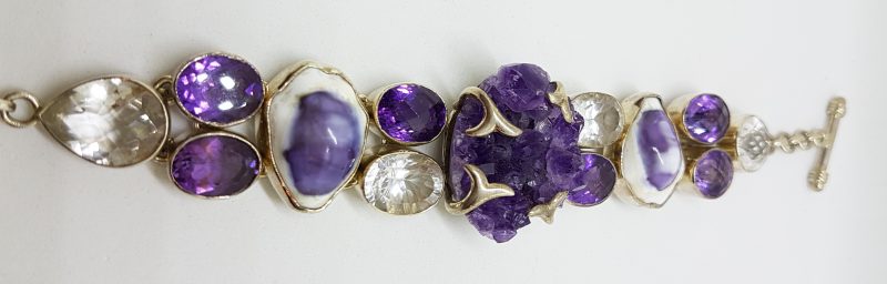 Sterling Silver Wide Chunky Amethyst, Clear Quartz and Shell Cluster Bracelet