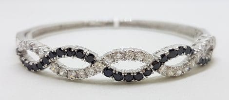 Sterling Silver Cubic Zirconia Black & White Weaved Pattern Oval Bangle