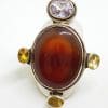 Sterling Silver Large Oval Carnelian with Citrine and Amethyst Ring