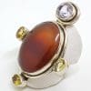 Sterling Silver Large Oval Carnelian with Citrine and Amethyst Ring