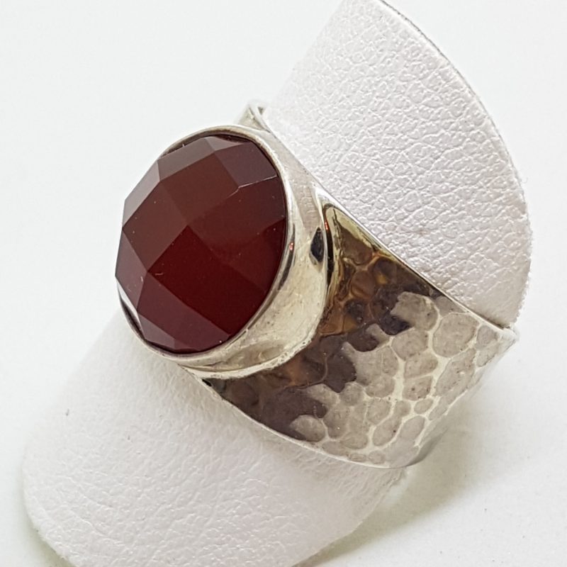 Sterling Silver Round Carnelian Wide Beaten Design Ring