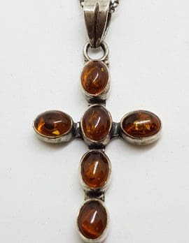 Sterling Silver Amber Crucifix/Cross Pendant on Silver Chain