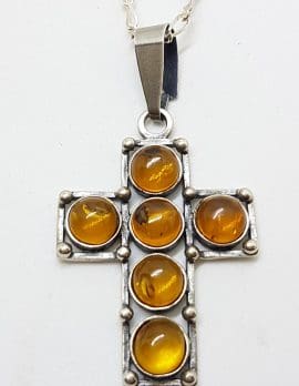 Sterling Silver Natural Amber Large Cross/Crucifix Pendant on Silver Chain