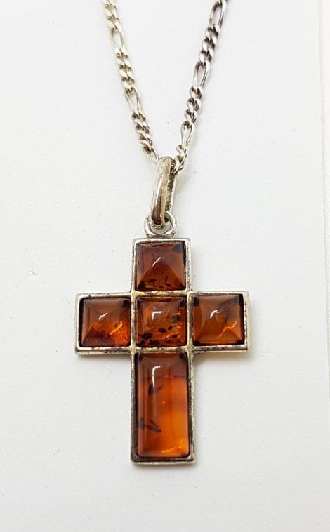 Sterling Silver Natural Amber Cross/Crucifix Pendant on Silver Chain