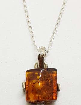 Sterling Silver Natural Amber Square Pendant on Silver Chain