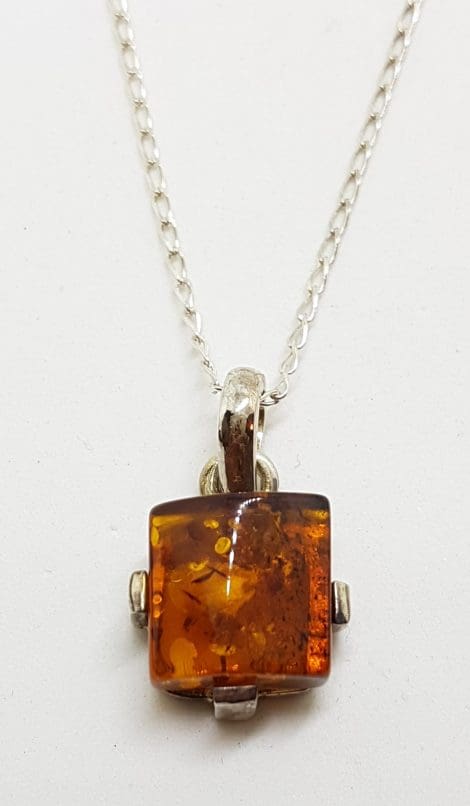 Sterling Silver Natural Amber Square Pendant on Silver Chain