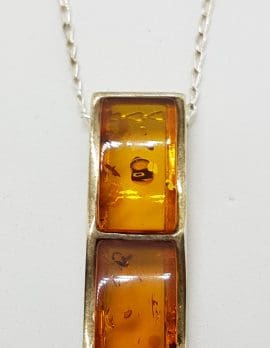 Sterling Silver Natural Amber Long Pendant on Silver Chain