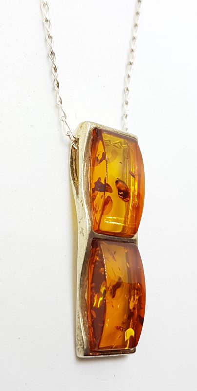Sterling Silver Natural Amber Long Pendant on Silver Chain