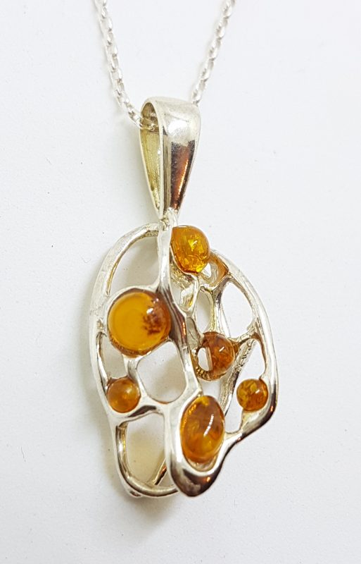 Sterling Silver Natural Amber Cluster Pendant on Silver Chain