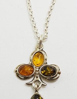 Sterling Silver Natural Multi-Colour Amber Ornate Drop Pendant on Silver Chain