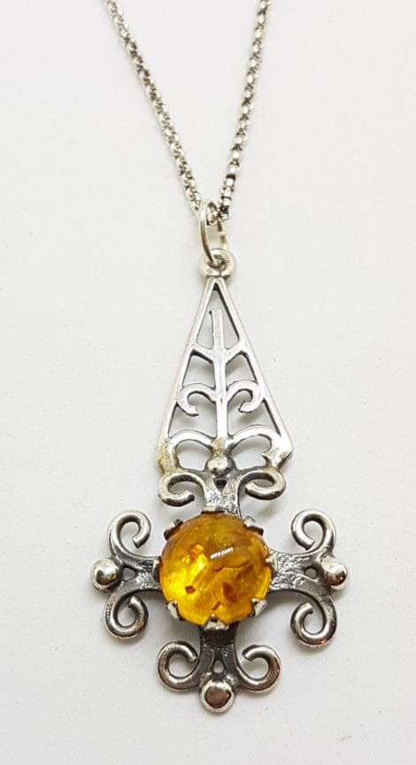 Sterling Silver Natural Amber Ornate Long Pendant on Silver Chain