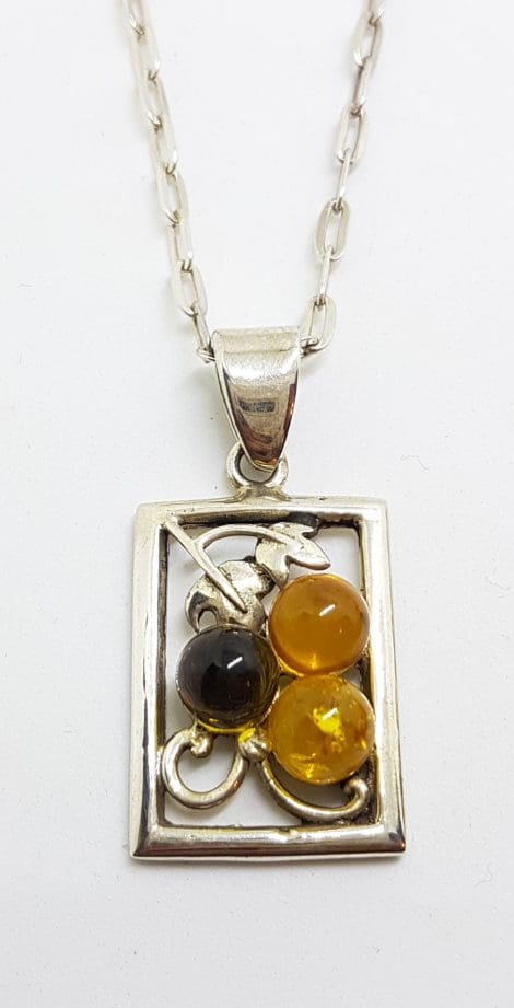 Sterling Silver Natural Multi-Colour Amber Ornate Rectangular Pendant on Silver Chain