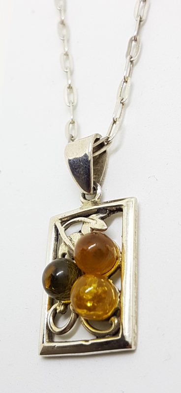 Sterling Silver Natural Multi-Colour Amber Ornate Rectangular Pendant on Silver Chain