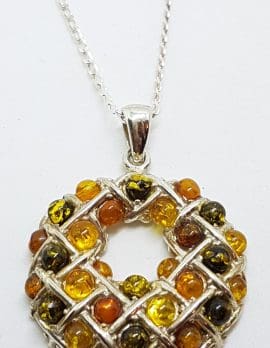 Sterling Silver Natural Multi-Colour Amber Large Round Pendant on Silver Chain