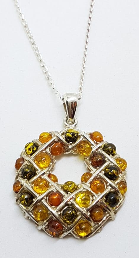 Sterling Silver Natural Multi-Colour Amber Large Round Pendant on Silver Chain