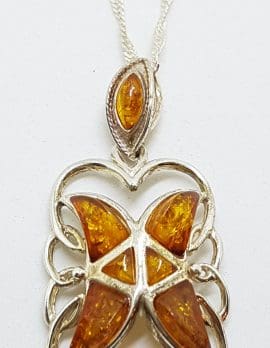 Sterling Silver Natural Amber Large Cluster Pendant on Silver Chain