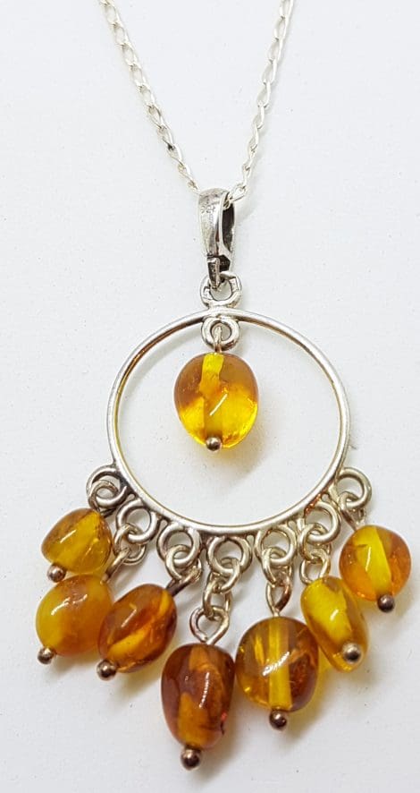 Sterling Silver Natural Amber Large Circle with Drops Pendant on Silver Chain