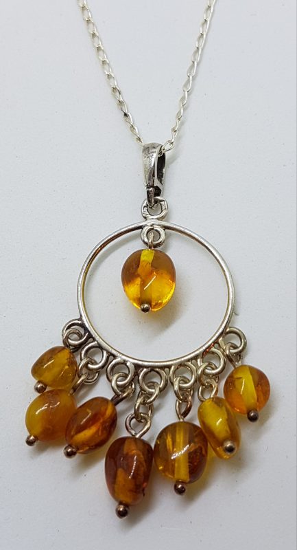 Sterling Silver Natural Amber Large Circle with Drops Pendant on Silver Chain
