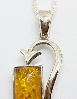 Sterling Silver Natural Amber Rectangle Arrow Pendant on Silver Chain