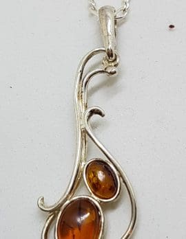 Sterling Silver Natural Amber Ornate Curved Pendant on Silver Chain